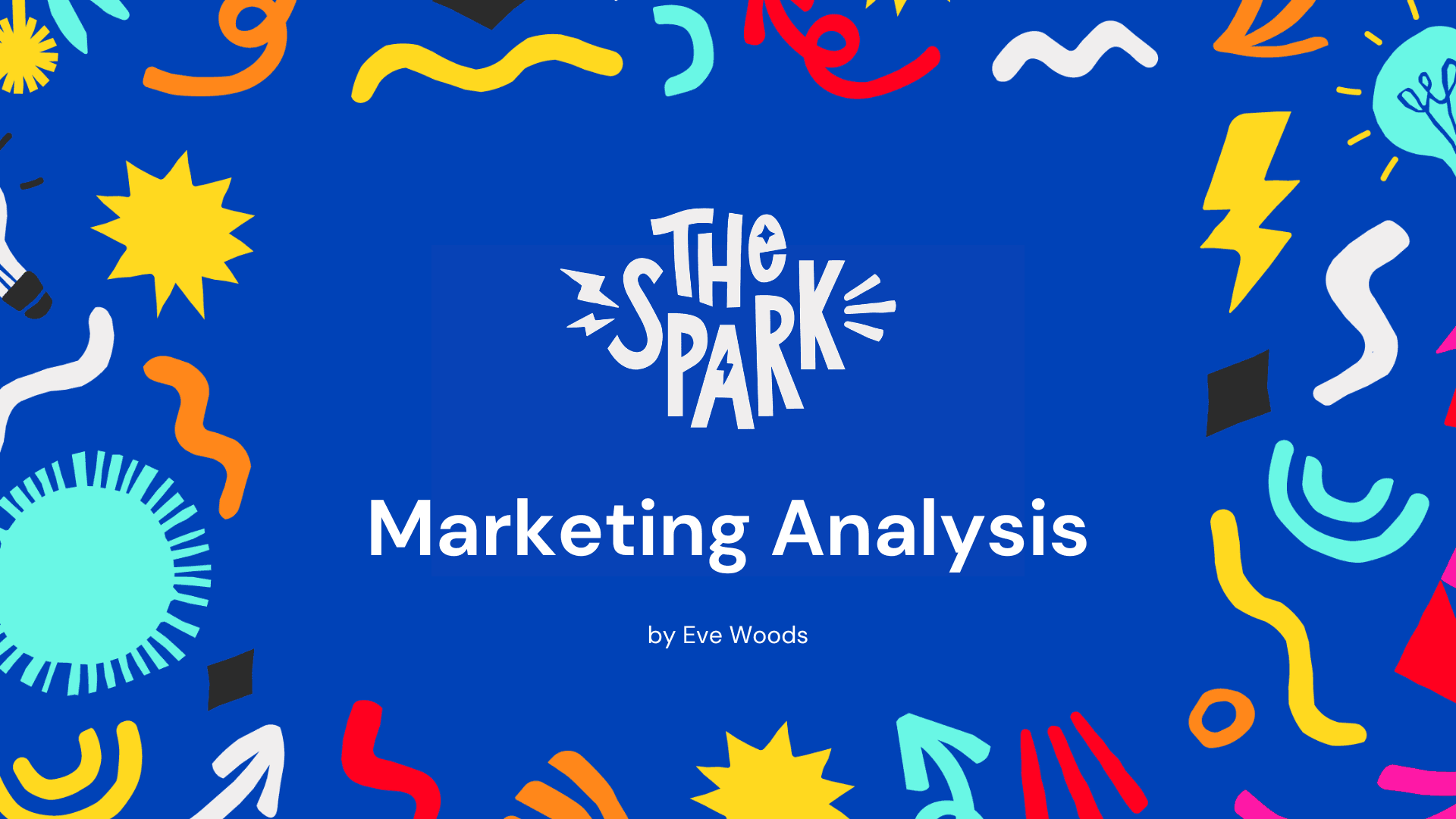 A presentation slide from The Spark Marketing Analysis with vivid blue background and illustrations around the border.