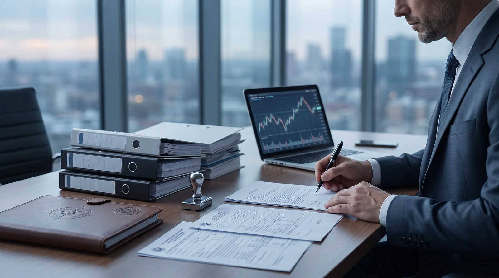 American founder organising attestation documents for a Dubai company at a modern desk