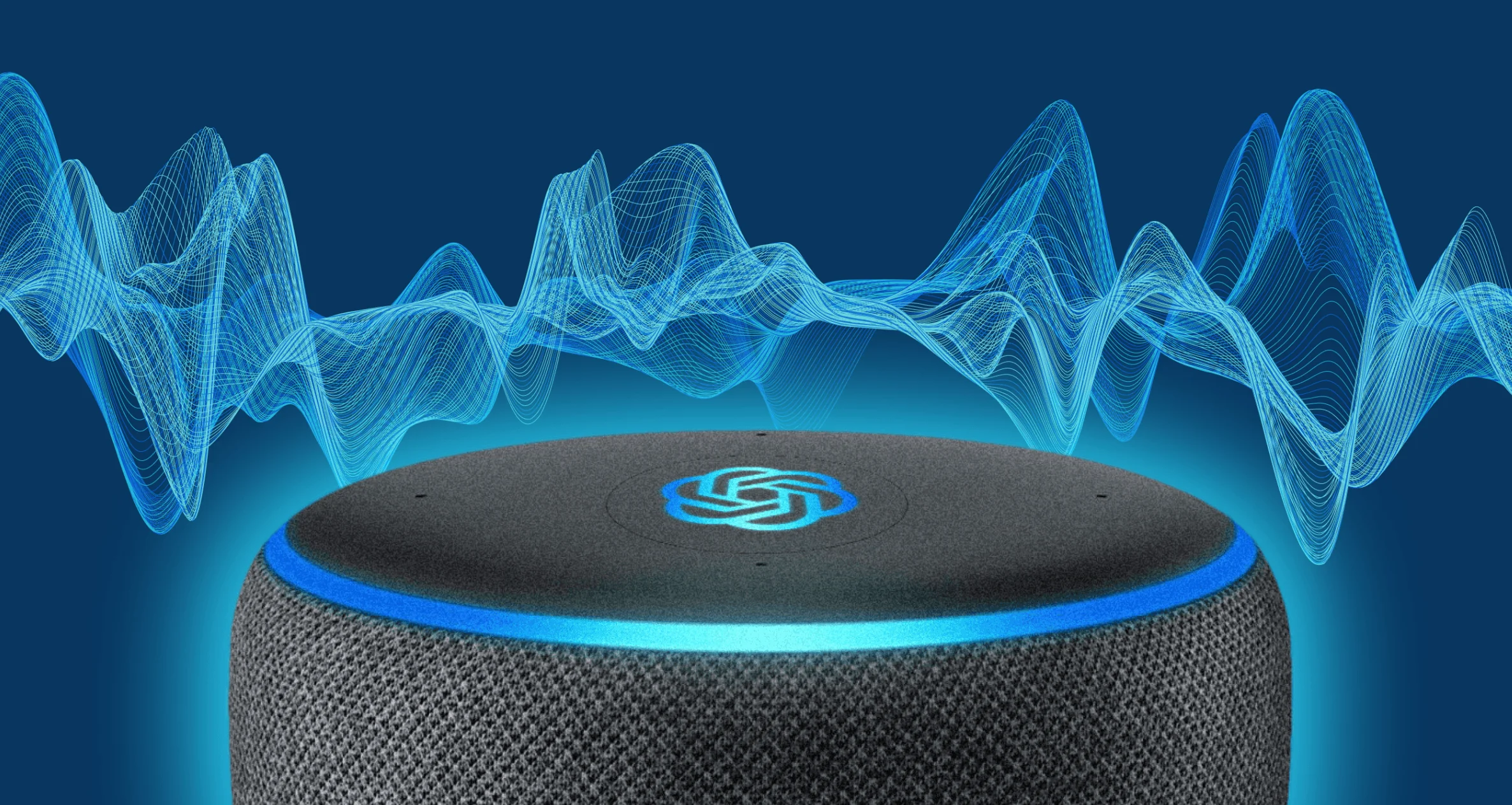 Smart speaker device with a sound wave graphic overlay