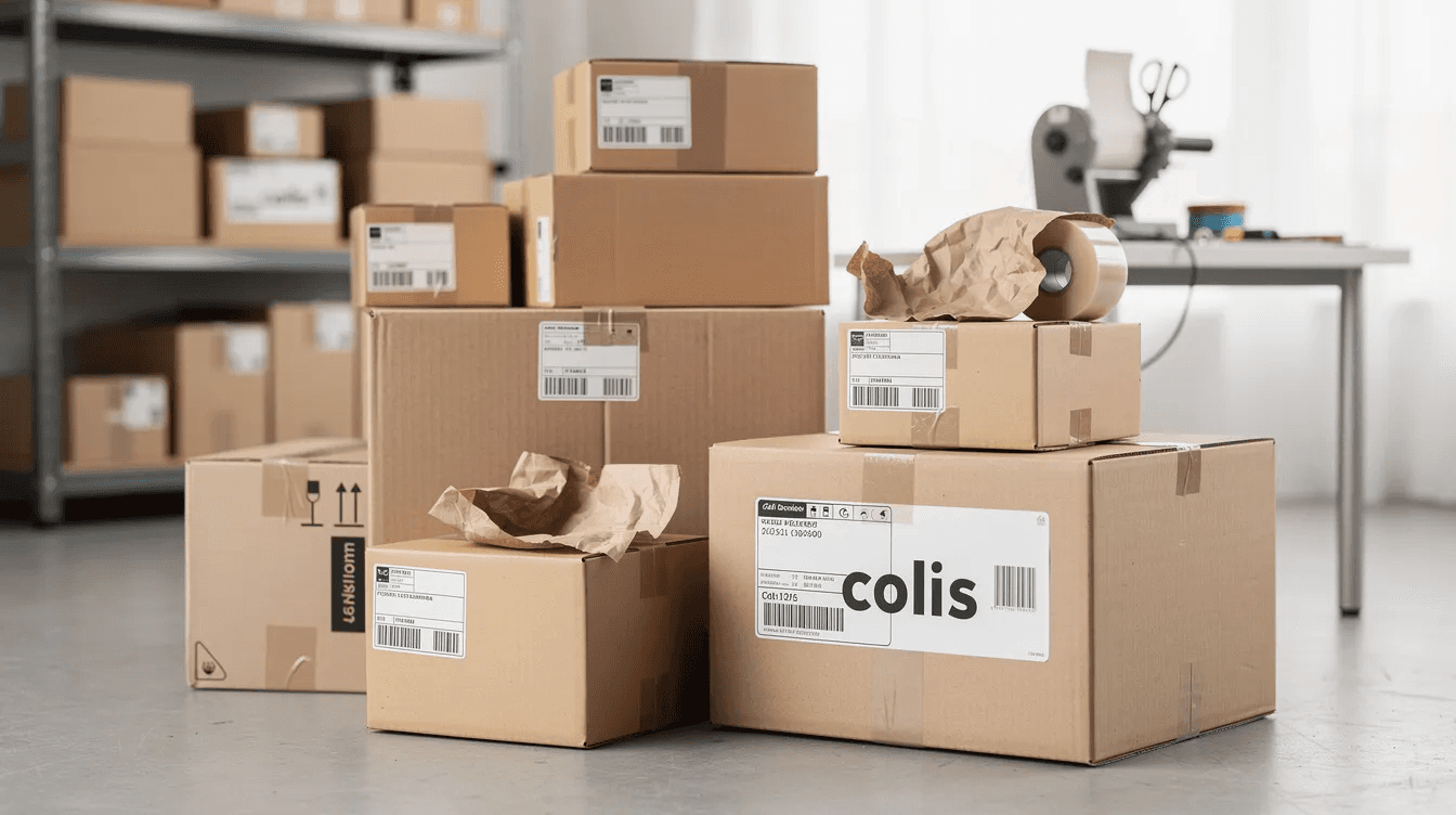 L'image montre plusieurs colis et cartons de livraison, typiques du commerce électronique, empilés et prêts à être expédiés. Ces emballages évoquent les échanges de biens et de services en ligne, en lien avec les réglementations fiscales, notamment la TVA en Irlande et en Irlande du Nord.