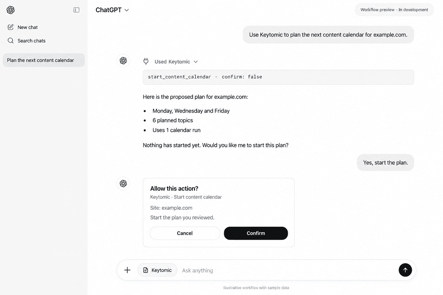 ChatGPT-style MCP workflow preview with plan review and user confirmation; illustrative sample