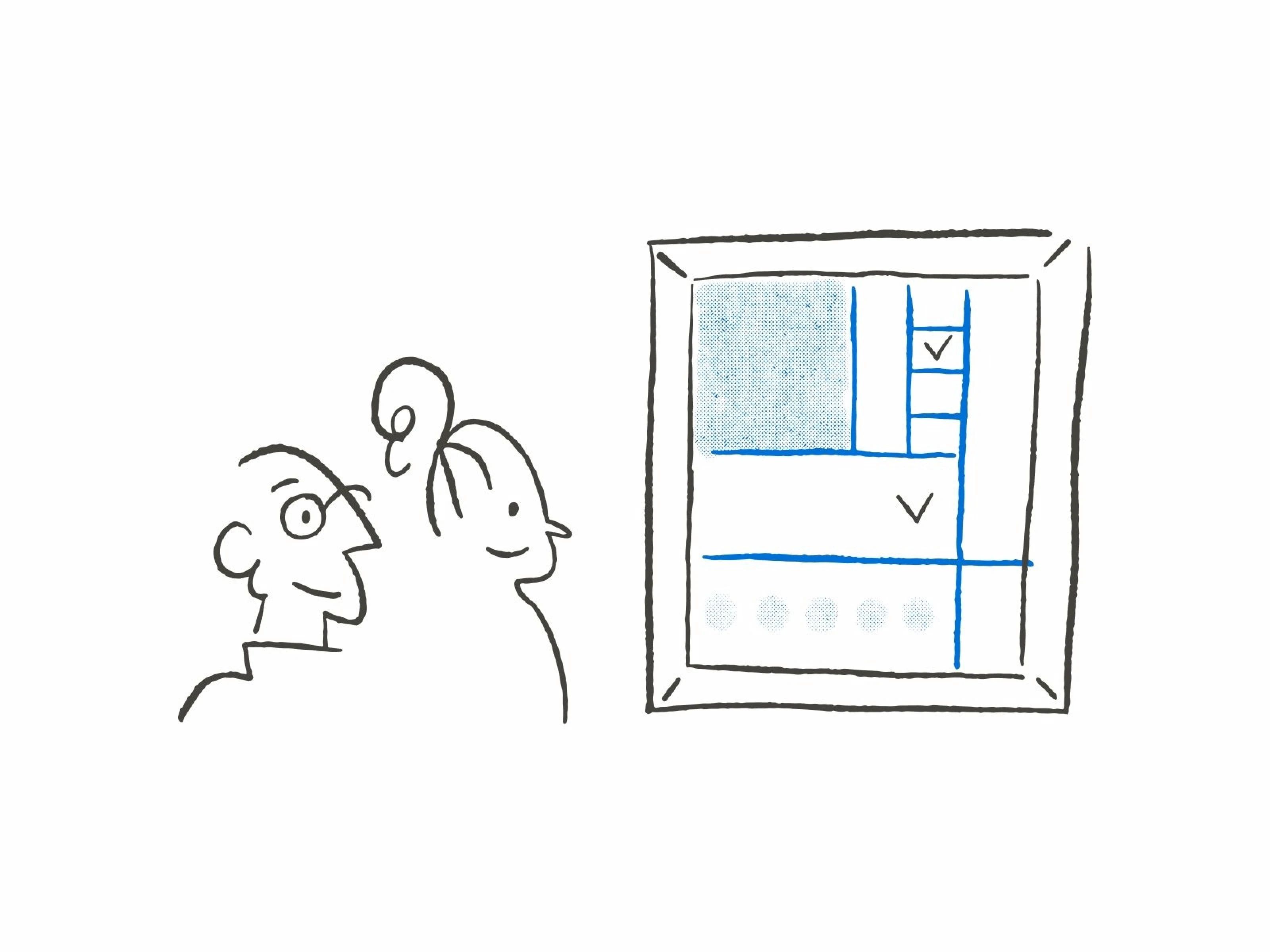 This is a graphic depicting two people viewing a wireframe version of the Tally UI.