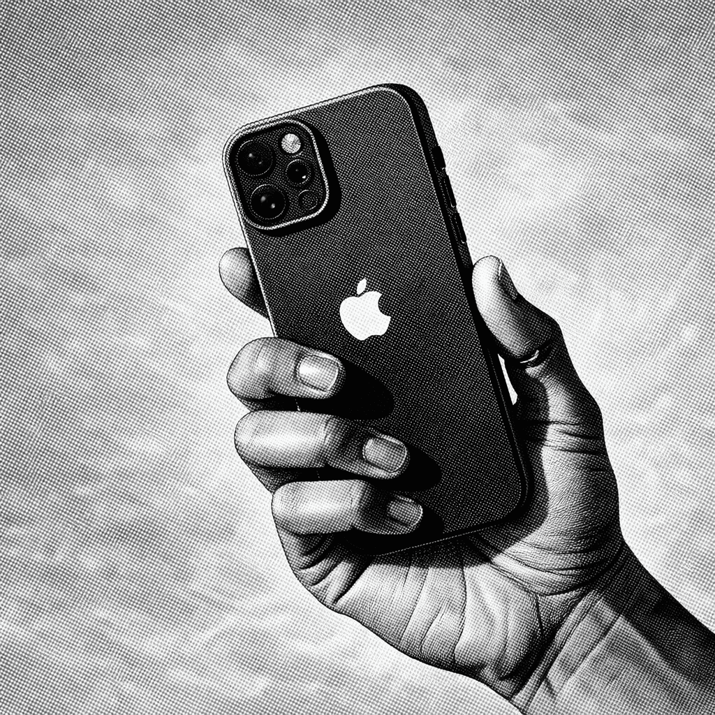 a hand holding an iphone. black and white image,