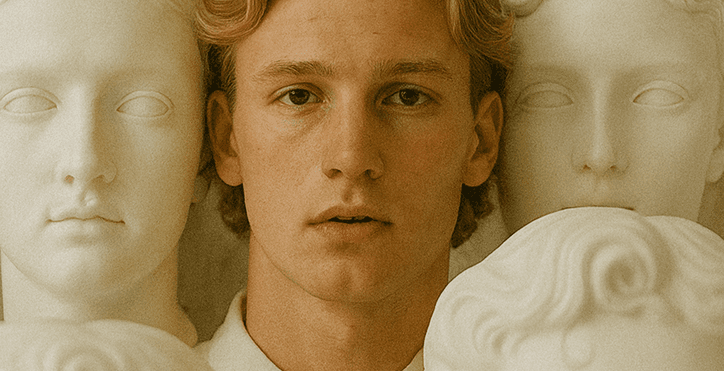 Portrait of a woman standing among classical marble busts, her calm expression and neutral tones blending art and humanity in a timeless composition.  