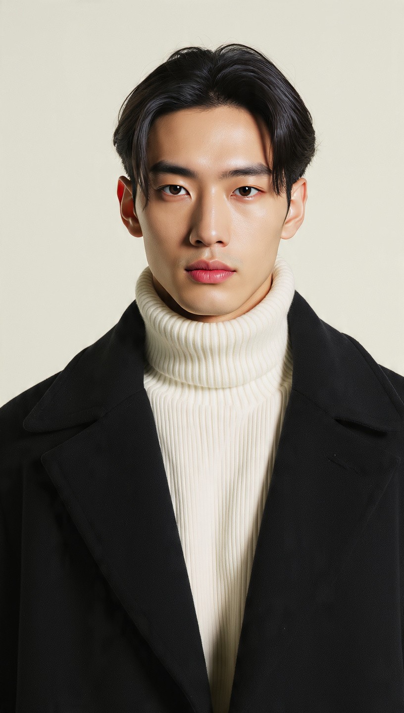 Young man with short dark hair wearing a black coat over a white turtleneck, looking directly at the camera with a neutral expression against a plain background.