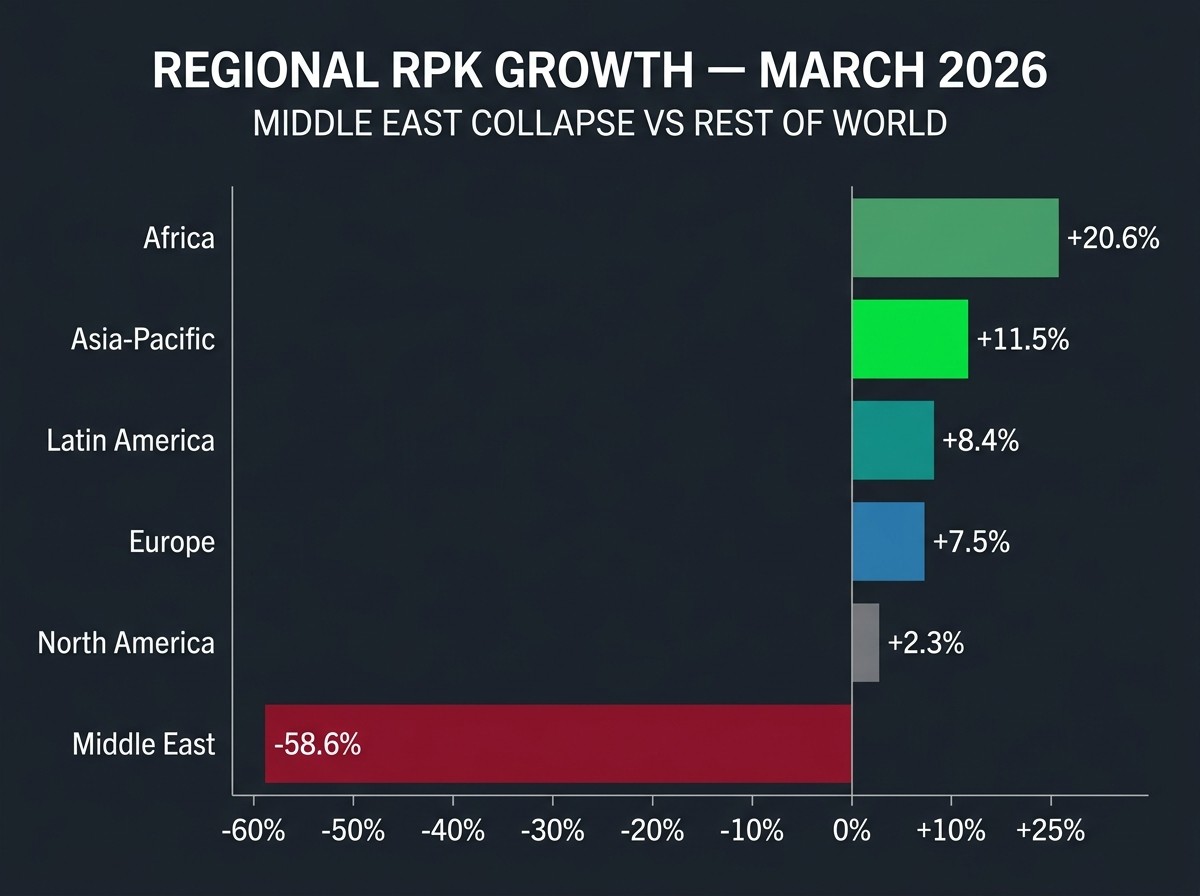 IATA March 2026 regional RPK growth comparison chart — Middle East collapse Asia-Pacific Africa surge