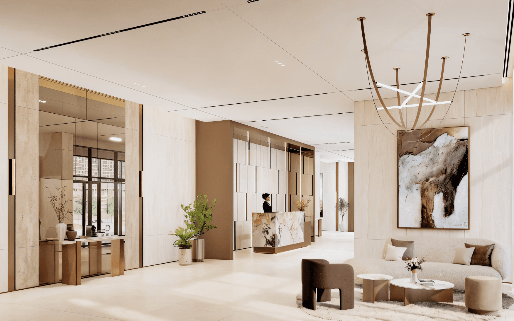Modern living room showcasing a couch, coffee table, and TV, with Boulevard Park visible outside.