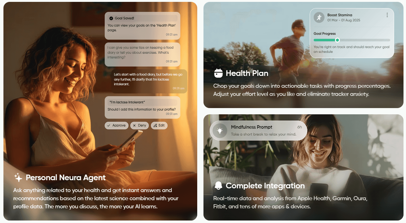 Image of the personalized Neura agent, Health Plan, and integration features of the AI sleep app