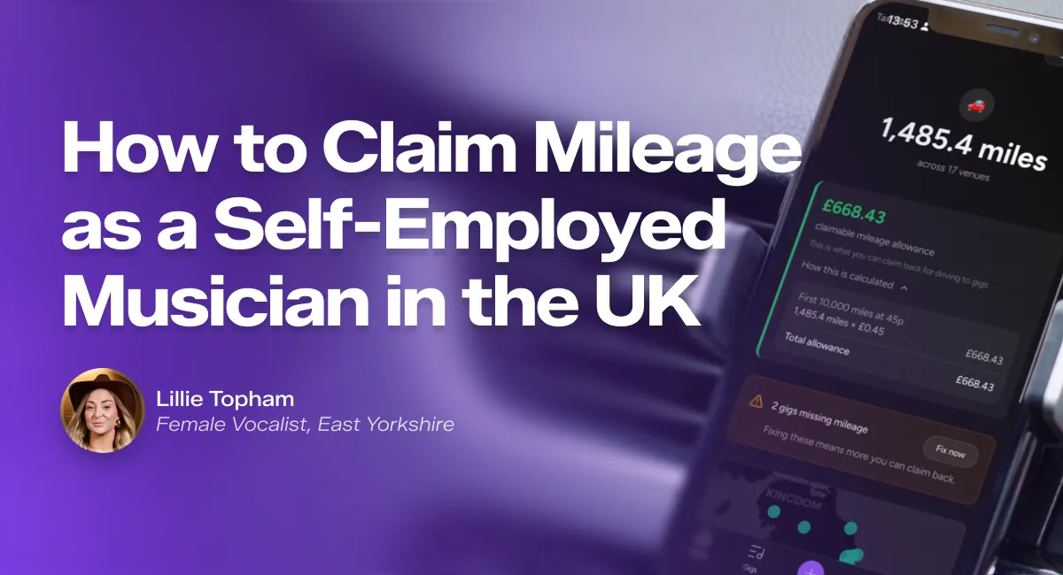 Gigflow app showing 1,485.4 business miles and £668.43 claimable mileage allowance for a self-employed musician in the UK