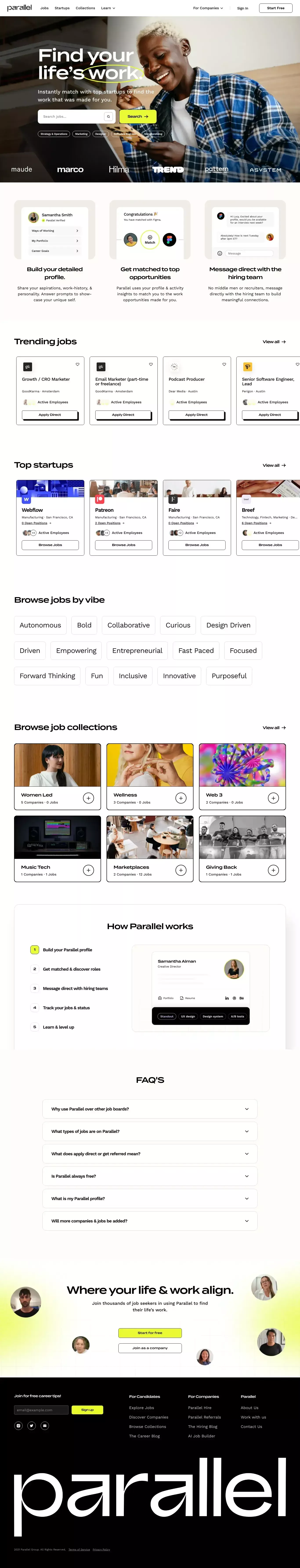 Find your life's work. landing page screenshot showcasing HR and Tech design