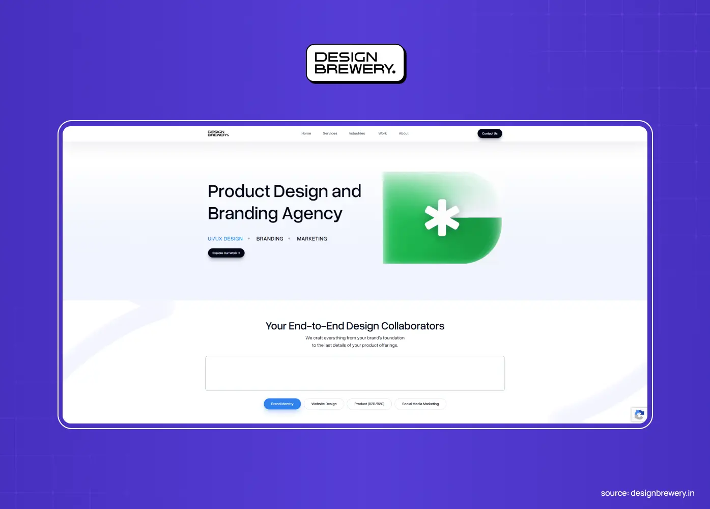 Design Brewery homepage with the headline “Product Design and Branding Agency” beside a green abstract shape, above the line “Your End-to-End Design Collaborators”.