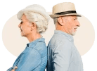 An elderly couple stands back to back, showing a contrast between their expressions and styles.