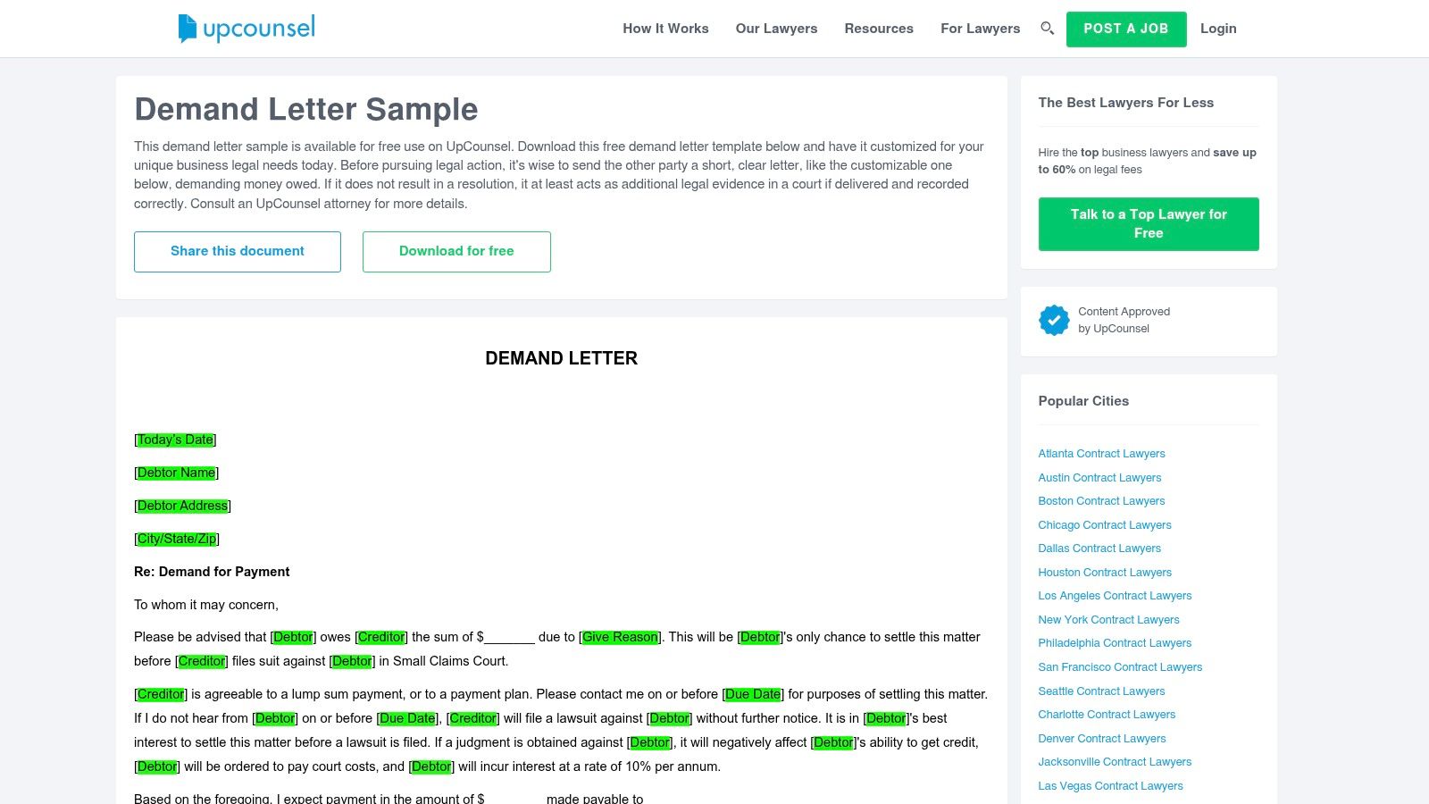 UpCounsel, Free Demand Letter for Payment