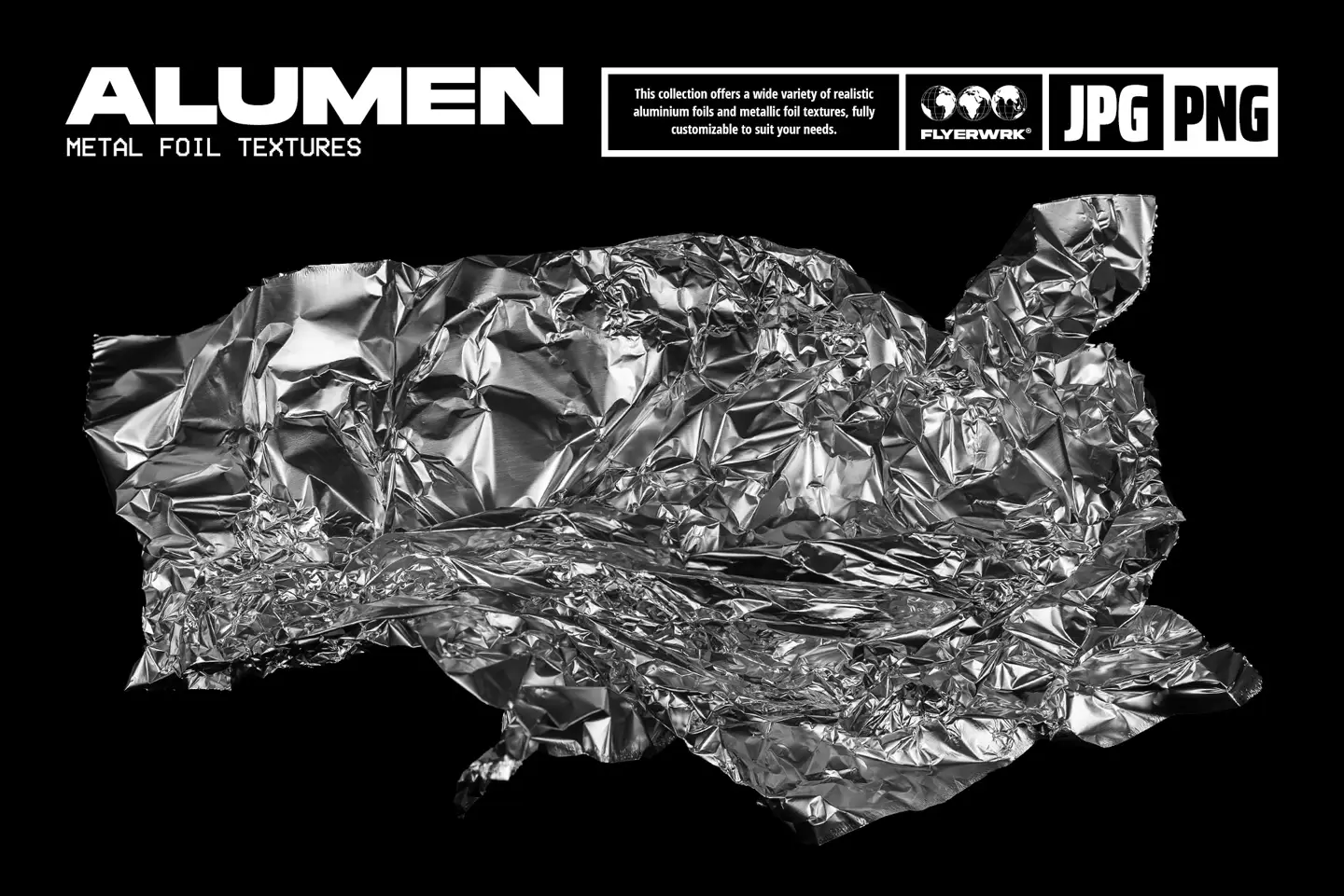 Alumen metal foil textures featuring a high resolution crumpled aluminum sheet with realistic metallic reflections