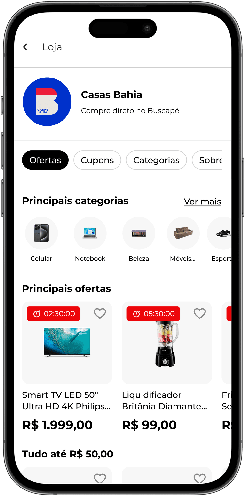 Página do lojista com as principais ofertas, cupons daquela loja, categorias em destaque e informações sobre a confiabilidade das lojas