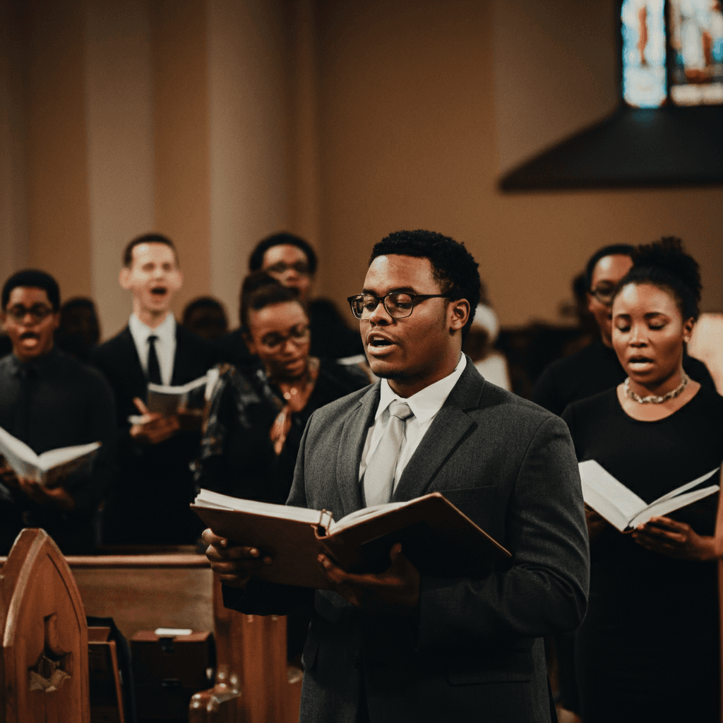 sunday church service with singing choir