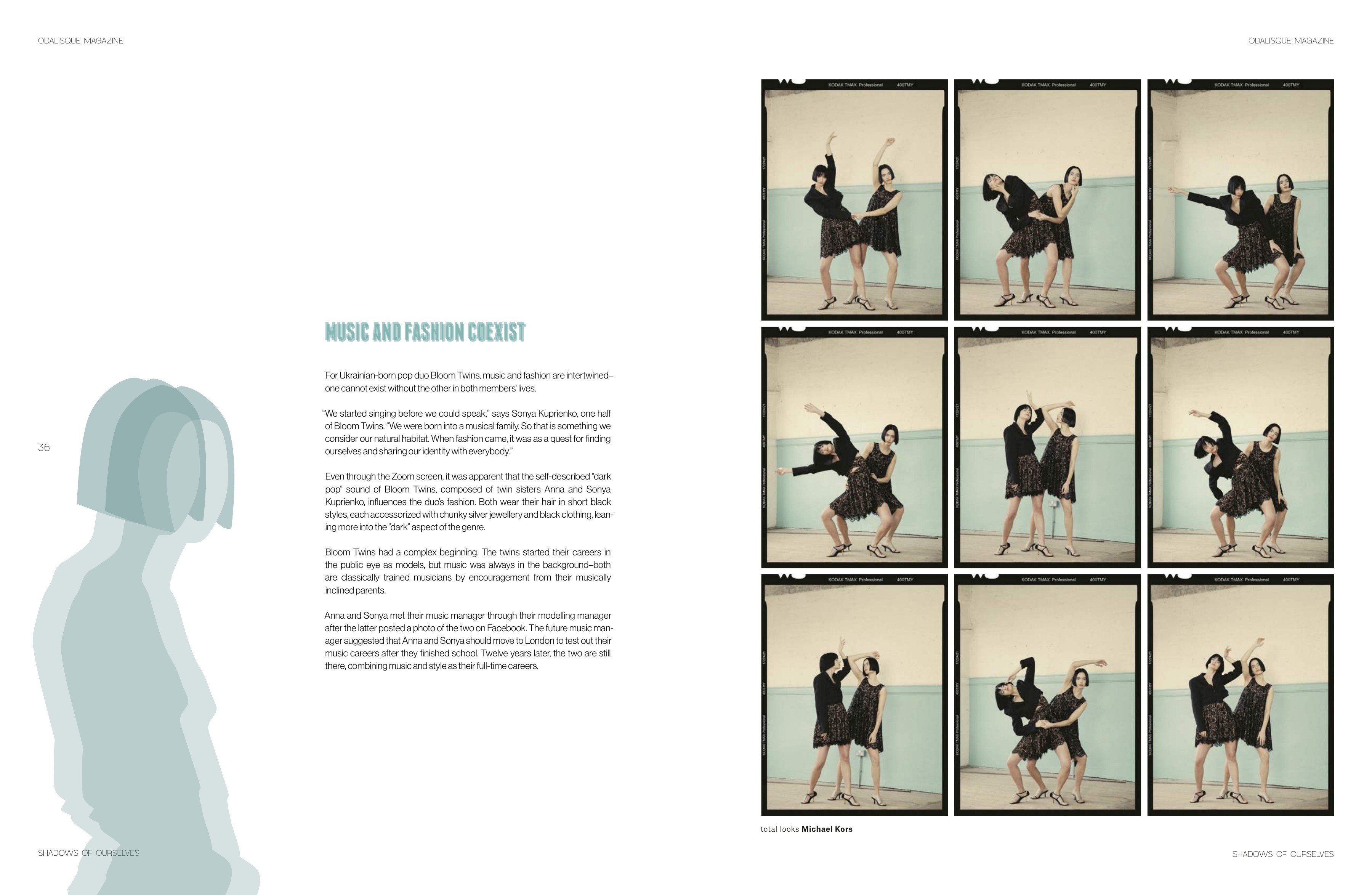 An interview page with mint lettering beside a nine-frame contact sheet of Bloom Twins.