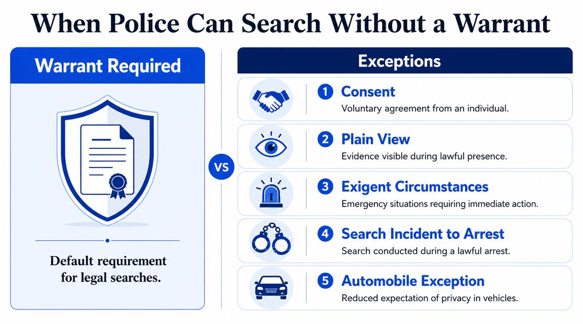 An infographic showing the default warrant requirement for searches and five common exceptions for warrant-less police searches.