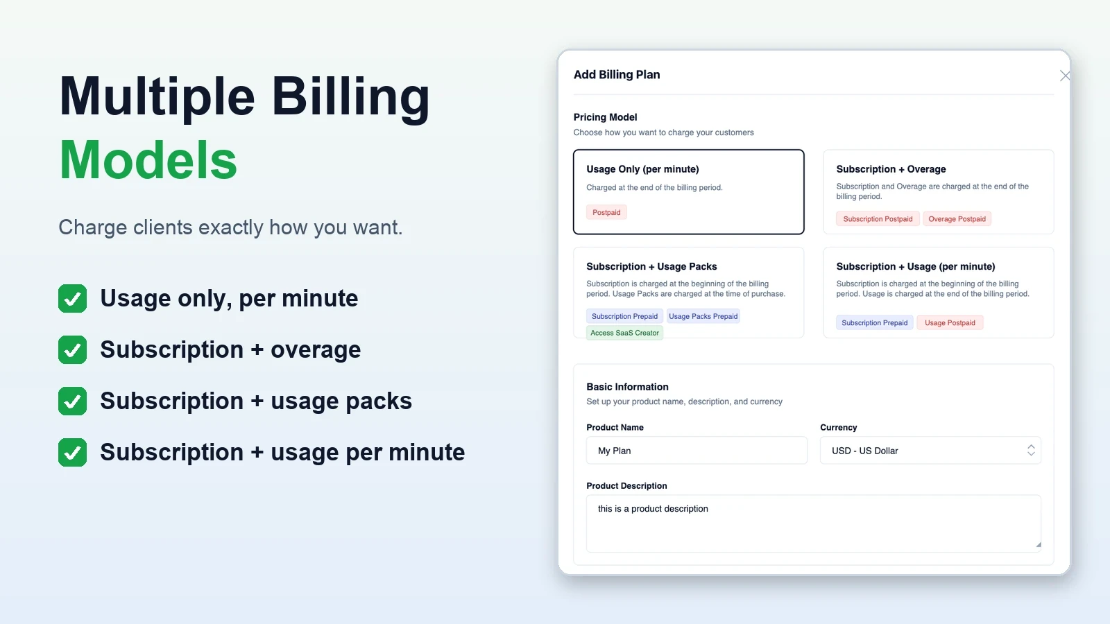 Add Billing Plan screen in VoiceAIWrapper showing the four billing models agencies choose from when pricing a white label AI receptionist: usage only per minute, subscription plus overage, subscription plus usage packs, and subscription plus usage per minute.