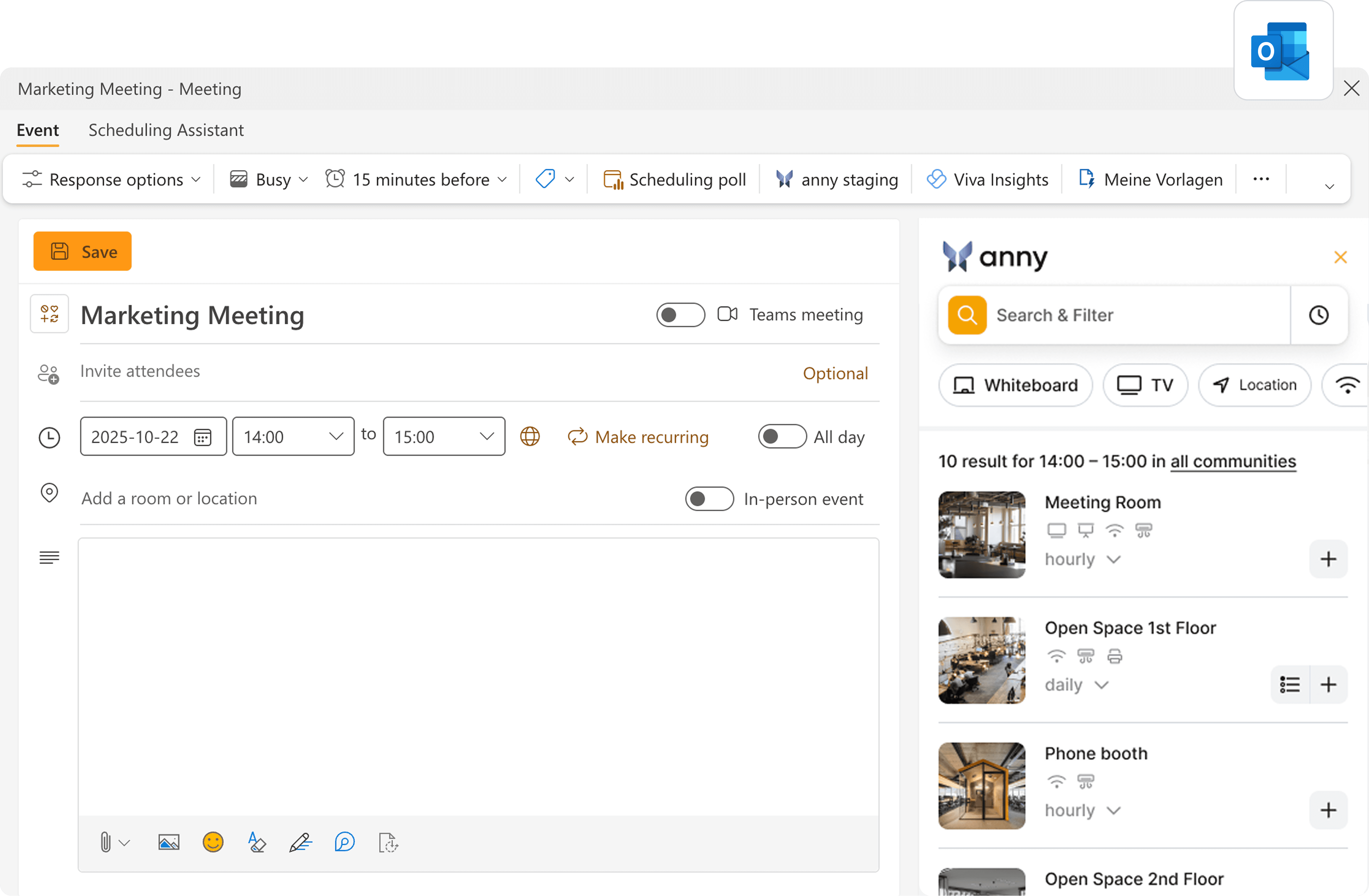 Buchungsansicht aus dem Outlook Add-In von anny. Es wird ein Termin für das Marketing Meeting erstellt und direkt in Outlook ein Raum über anny dazugebucht.