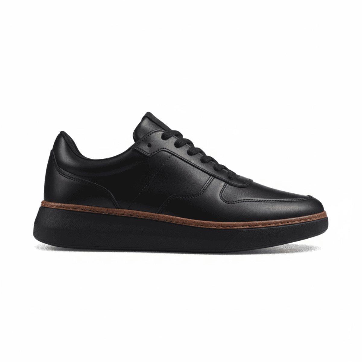 Corbell men's black leather sneaker with brown accent trim and thick black sole, casual style.