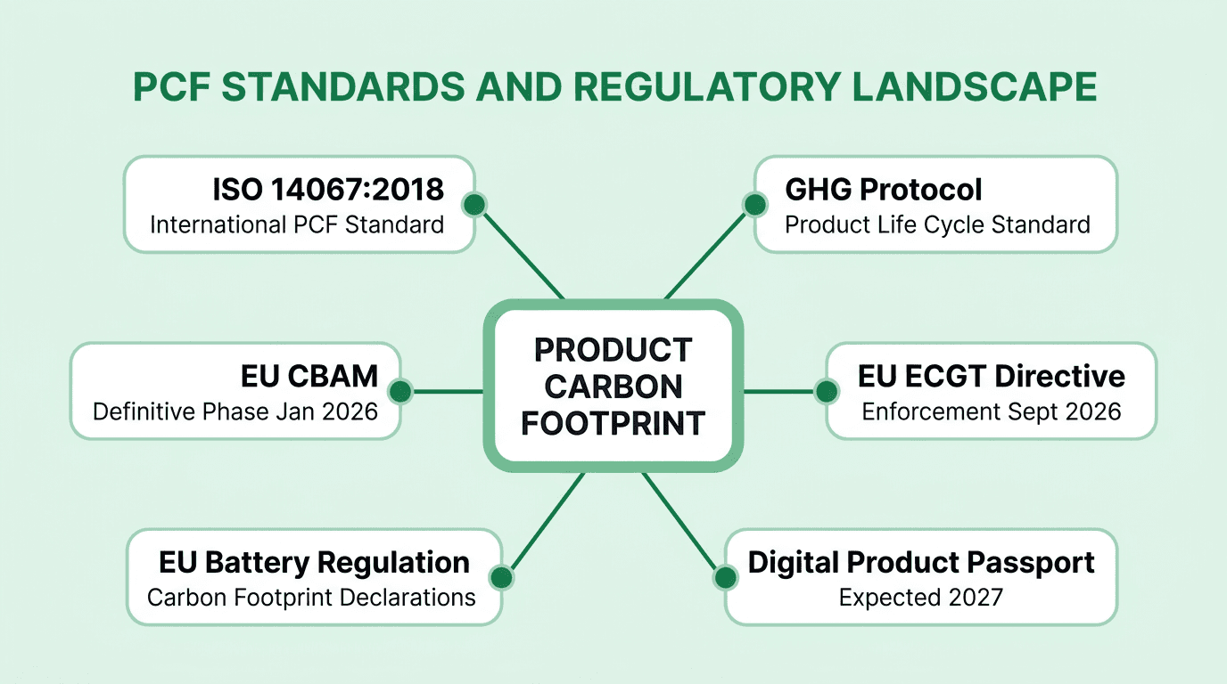 Hub-and-spoke diagram of PCF standards and 2026 regulatory landscape including ISO 14067, GHG Protocol, CBAM, ECGT Directive, EU Battery Regulation, and Digital Product Passport