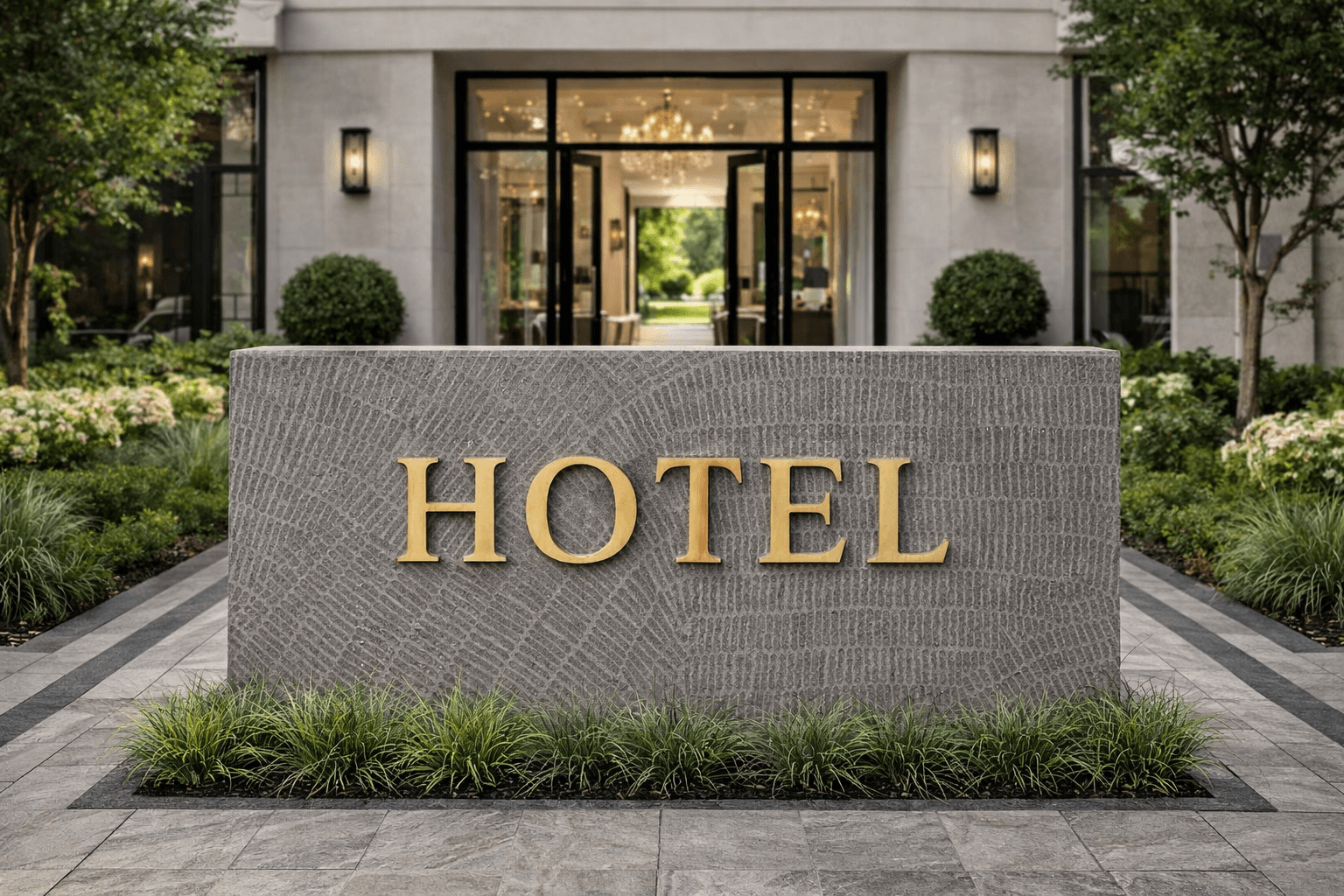 Ranoma stone cladding used in hotel entrance facade with engraved signage and landscape integration