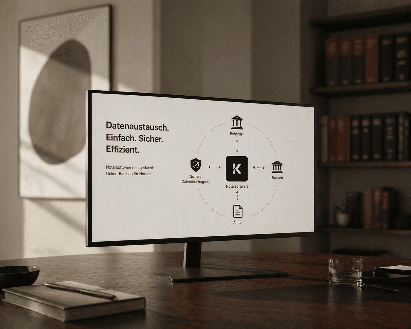 Schreibtisch im Notariat mit Computer für Kanzleisoftwaredaten