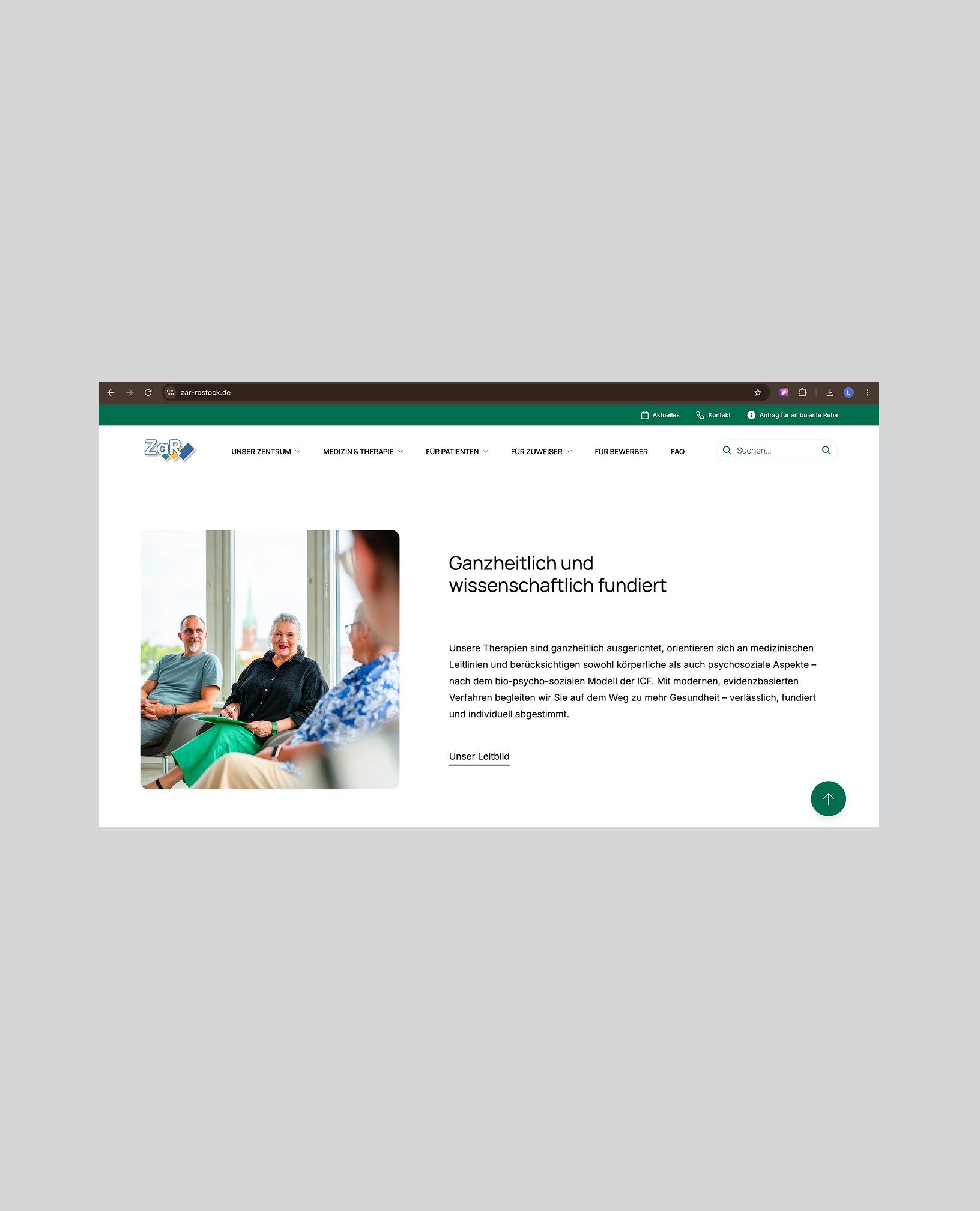A web page showing a professional working with equipment, with text about their research or services.