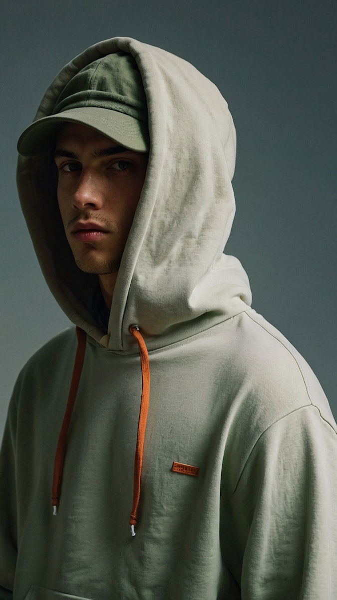 man wearing a hooded sweatshirt and cap in moody lighting