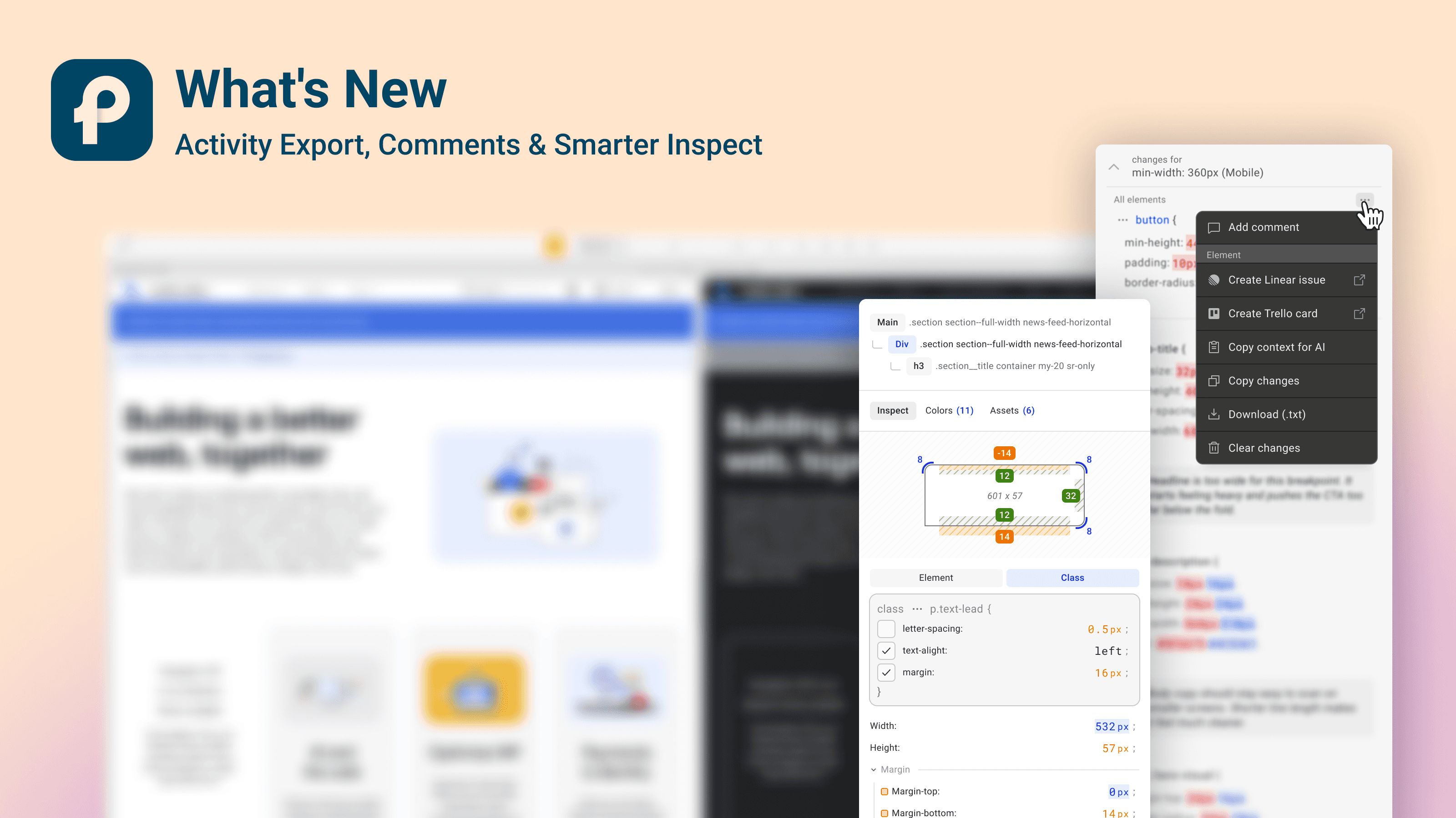 Pixefy interface showing activity export to project tools, comments on CSS changes, color issue filtering, and bulk element selection in Inspect.