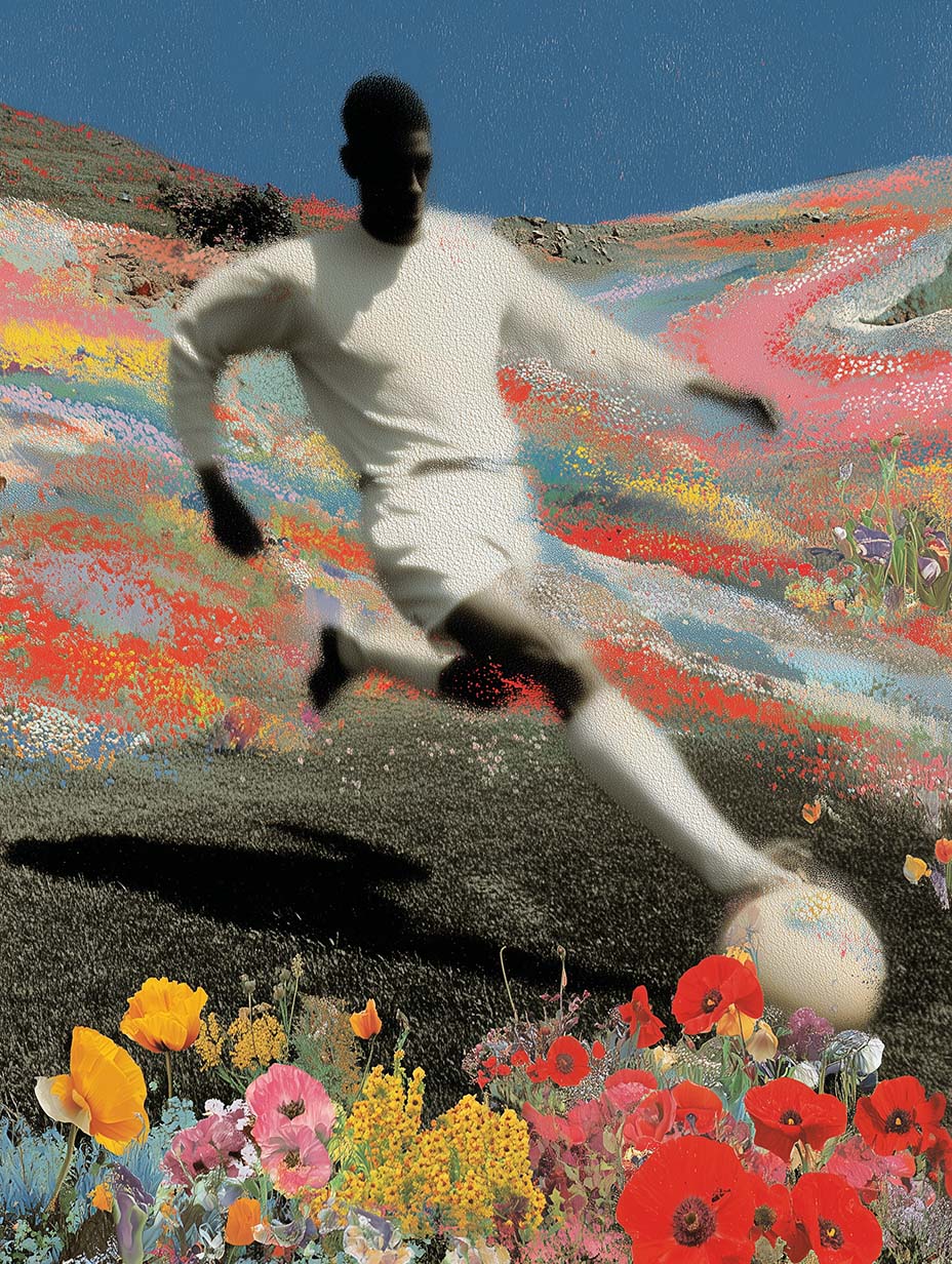 Conceptual artwork of a lone figure standing in a field of clocks, exploring time and reflection.