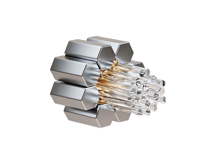a modern hexagonal chrome wall light fixture with a glowing crystal-rod center, angled view.