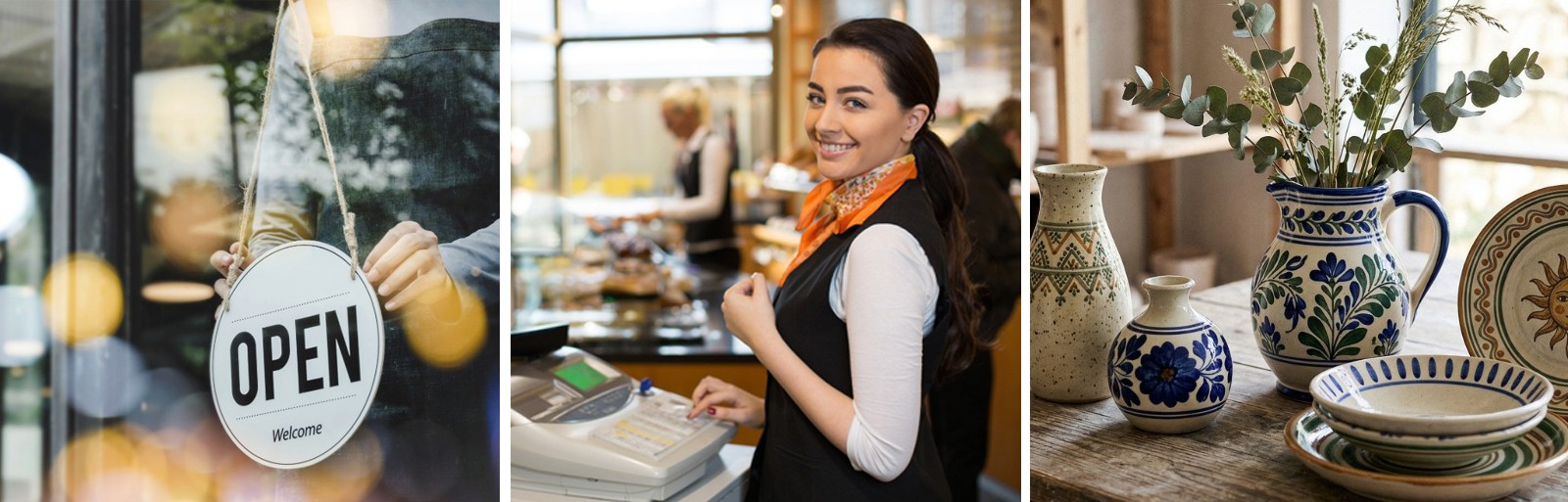 a collage: open sign in window, female shopkeeper at her cash register, locally made dishware