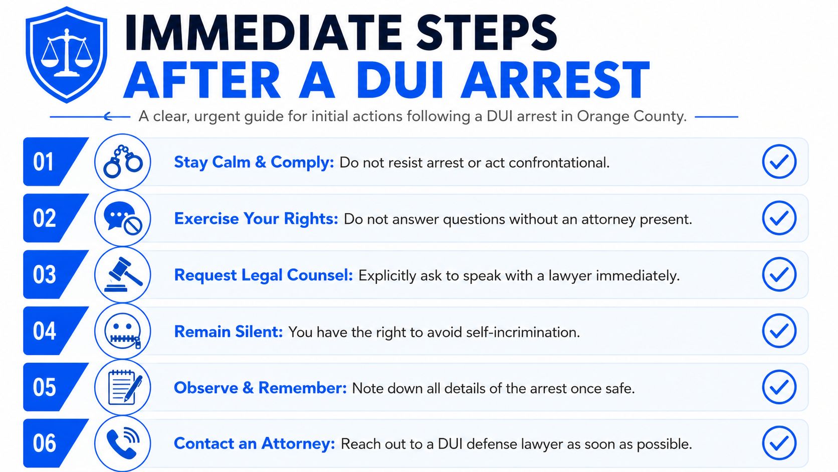 An infographic titled Immediate Steps After a DUI Arrest, listing six essential actions for legal protection.