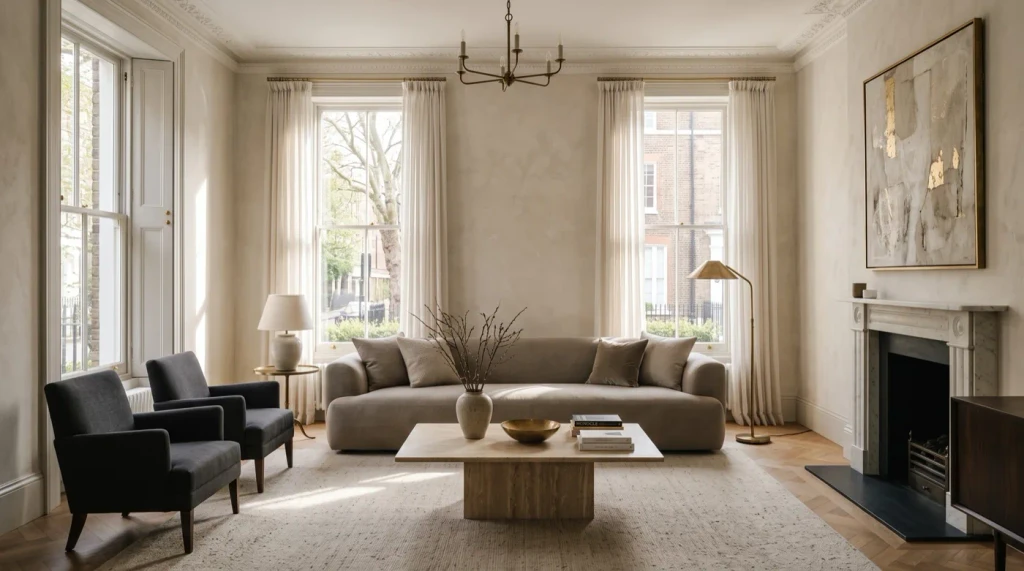 A pale living room with a sofa, two armchairs, a stone coffee table and a fireplace