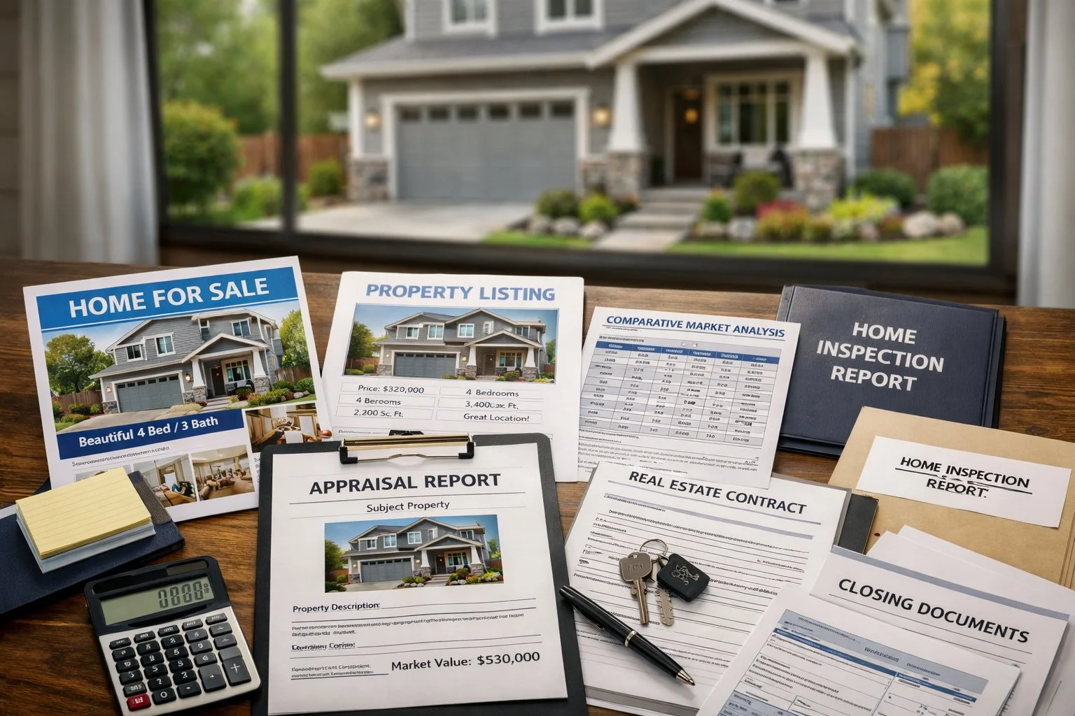 Residential property with listing documents, an appraisal report, and organized real estate paperwork displayed on a table in the foreground.