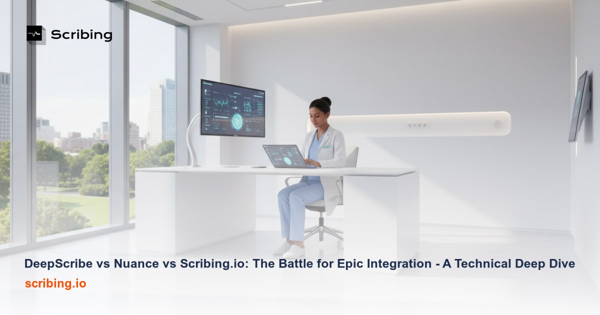 Comparison of AI medical scribe platforms DeepScribe, Nuance DAX, and Scribing.io focusing on Epic EHR integration capabilities