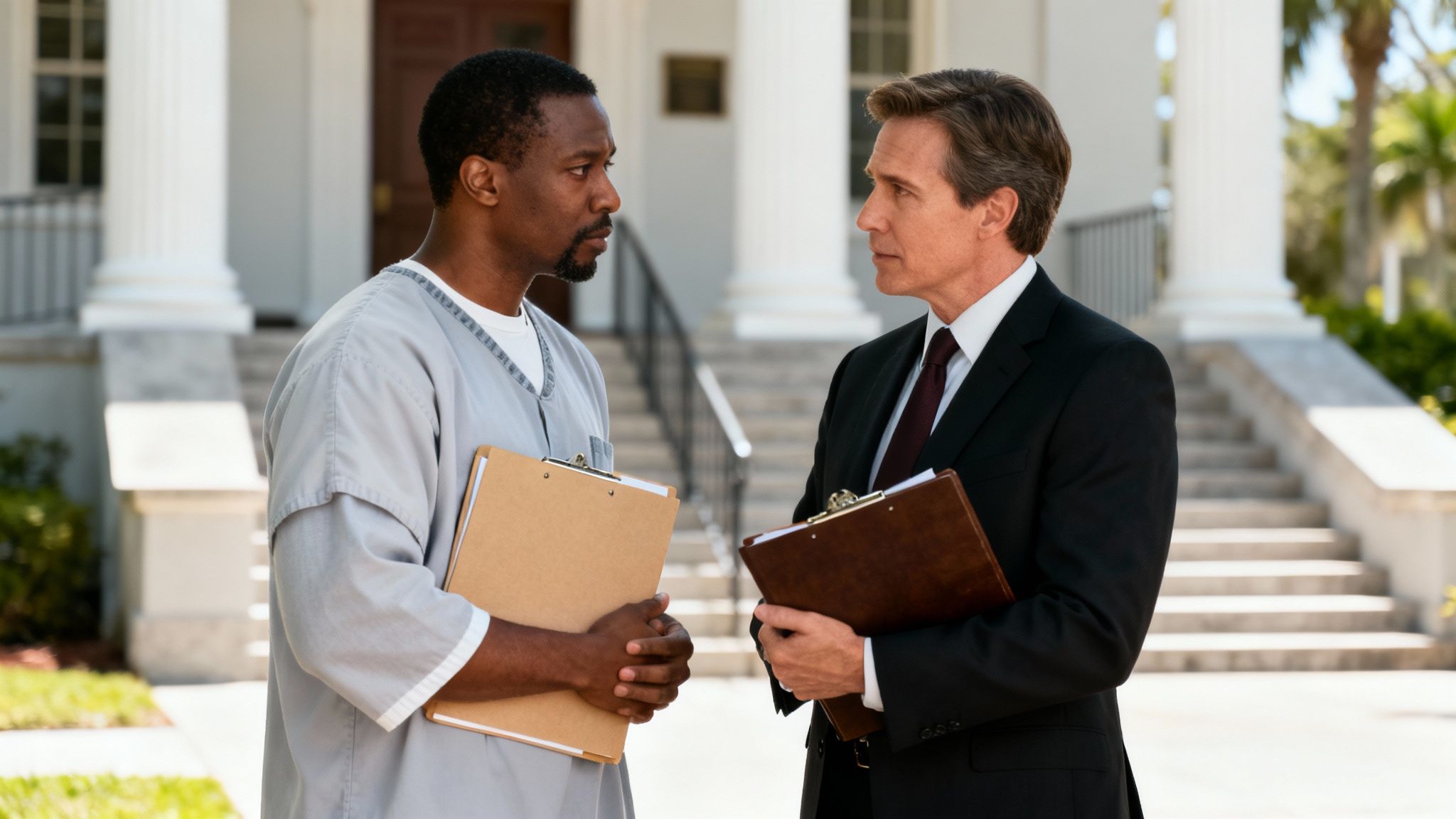 An incarcerated man consults with his lawyer outside a courthouse, both holding clipboards.