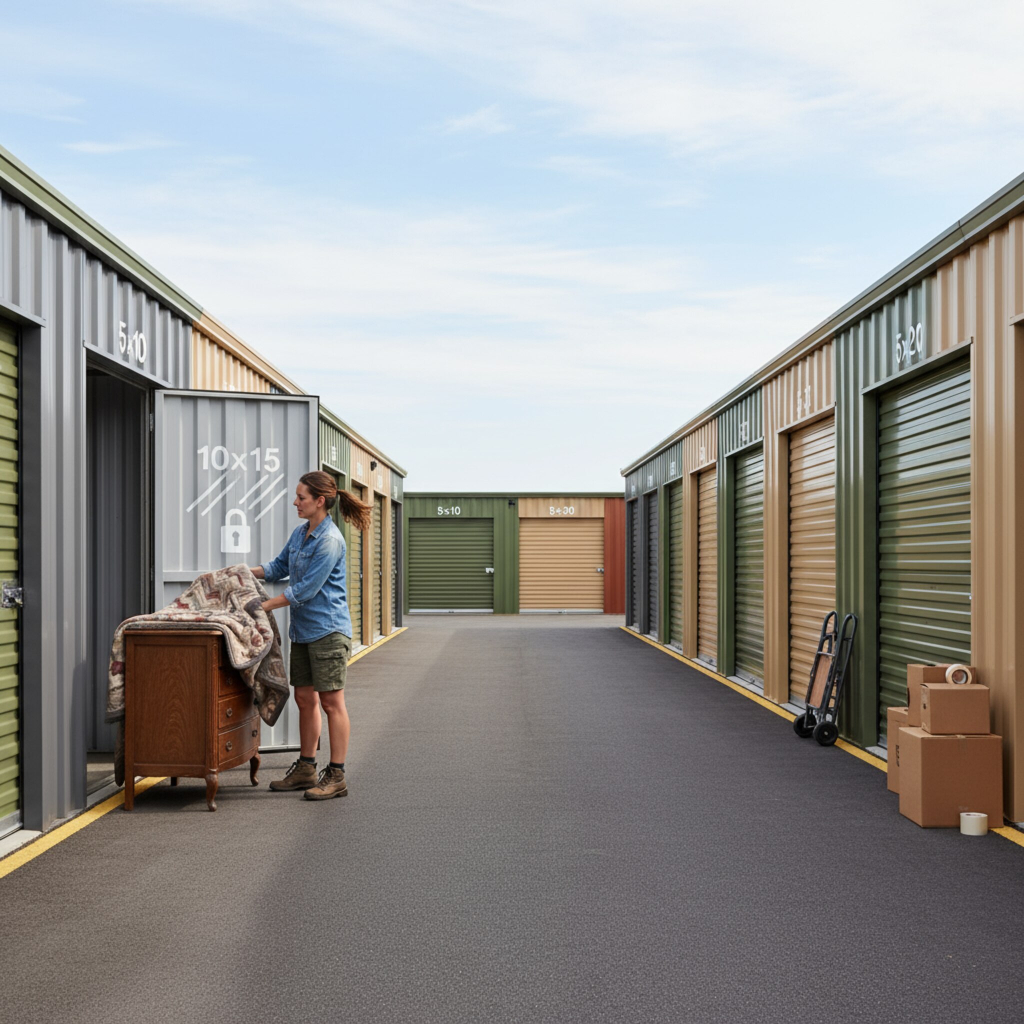Auf einem offenen Hof stehen in zwei Reihen modulare Lagercontainer mit klaren Größenhinweisen. Eine Kundin hebt eine Schutzdecke über eine kleine Kommode, während ein leichter Wind durch den Hof streicht. Das Licht ist hart und konturenreich, der Himmel wolkenlos. Alles wirkt geordnet, zugänglich und bereit für den Einzug.