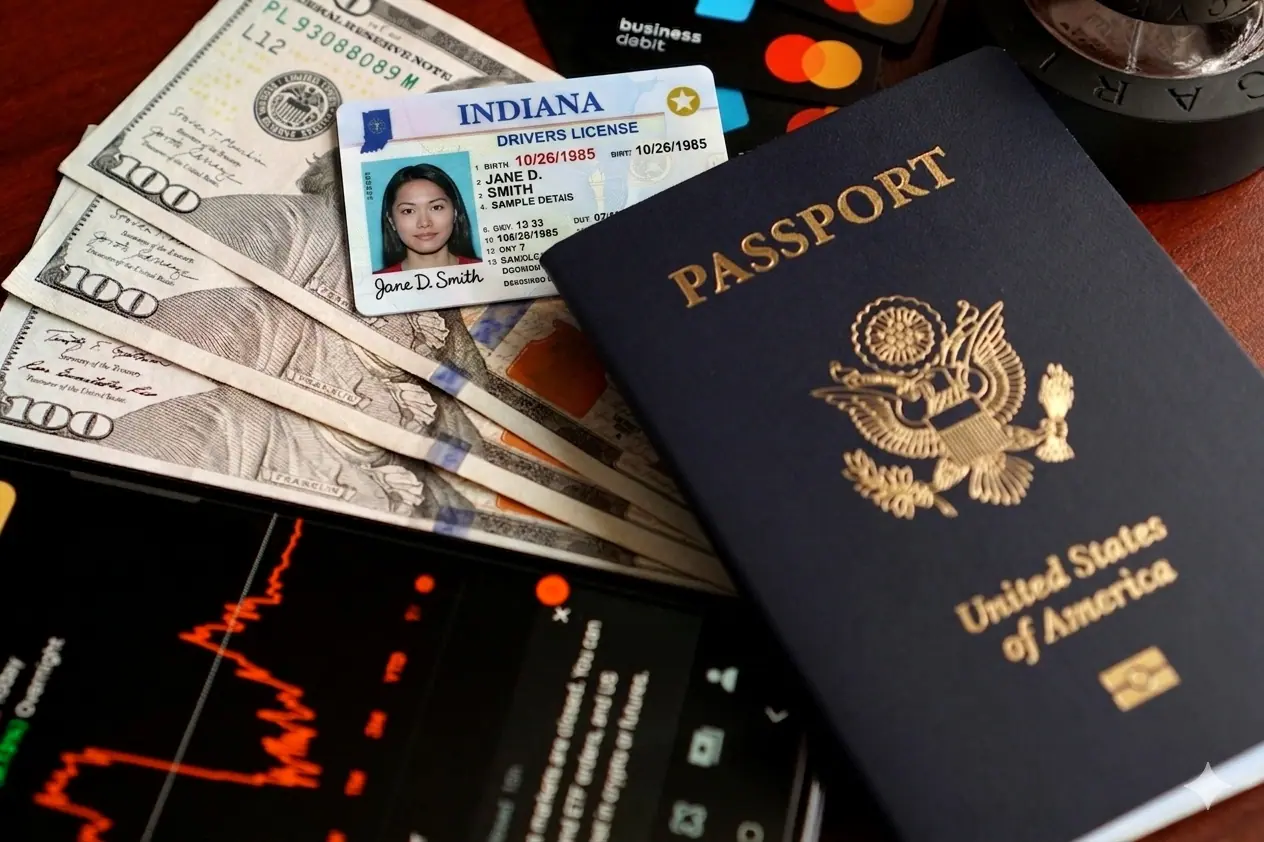 A United States passport and an Indiana drivers license resting on hundred dollar bills next to a smartphone, representing the official identity documents used by employers for Form I-9 employment verification under the new Indiana FAIRNESS Act.