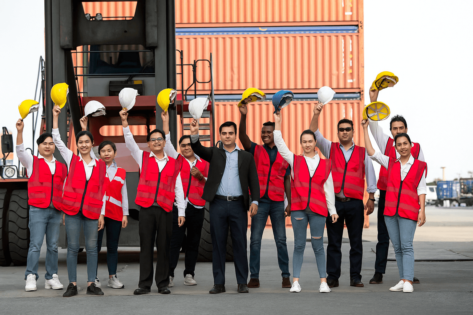 A group of logistic people raising their logistic cap up