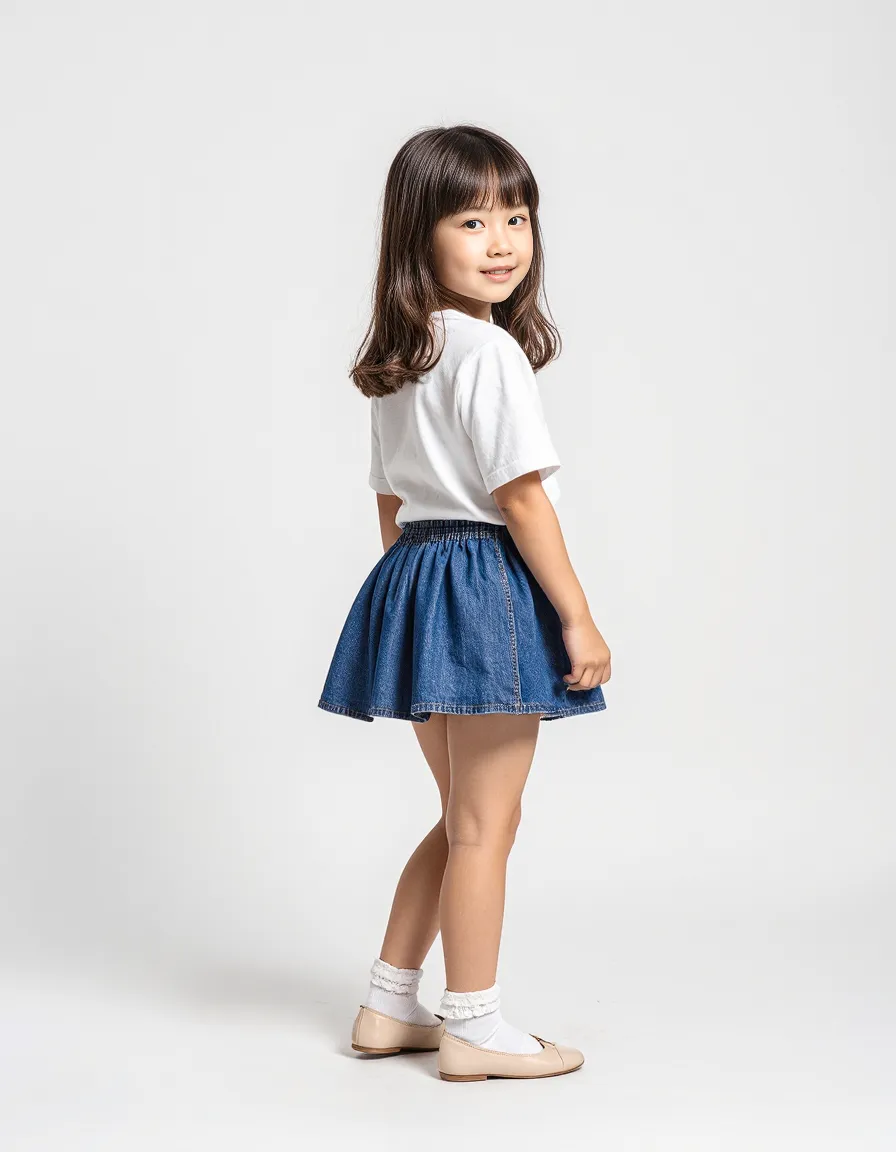 Portrait of a child in white t-shirt and denim skirt against clean white background, showcasing simple, classic styling