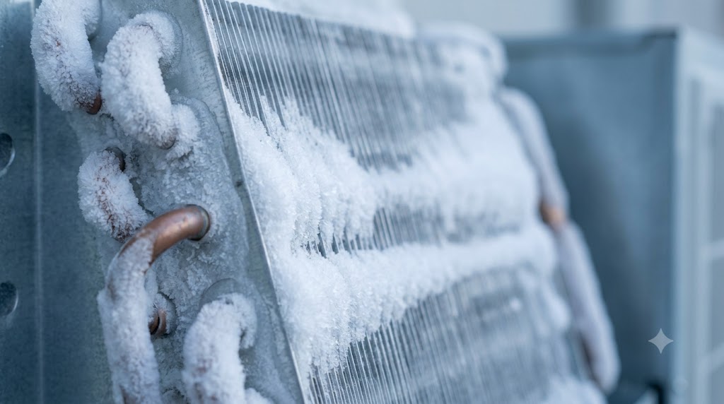 Frozen evaporator coil covered in ice inside an AC air handler