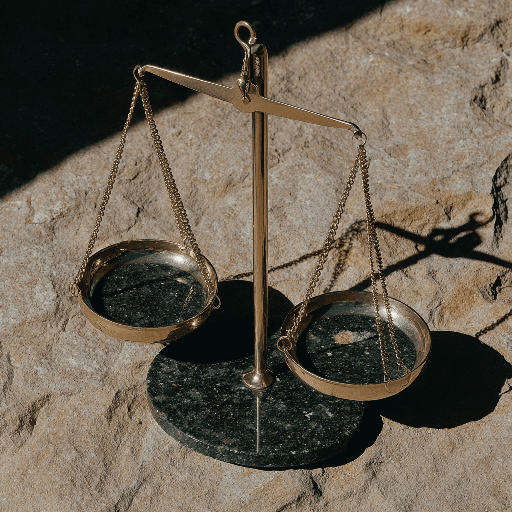 A brass balance scale with dark green marble pans sits on rough, sunlit stone, symbolizing fairness in digital product.