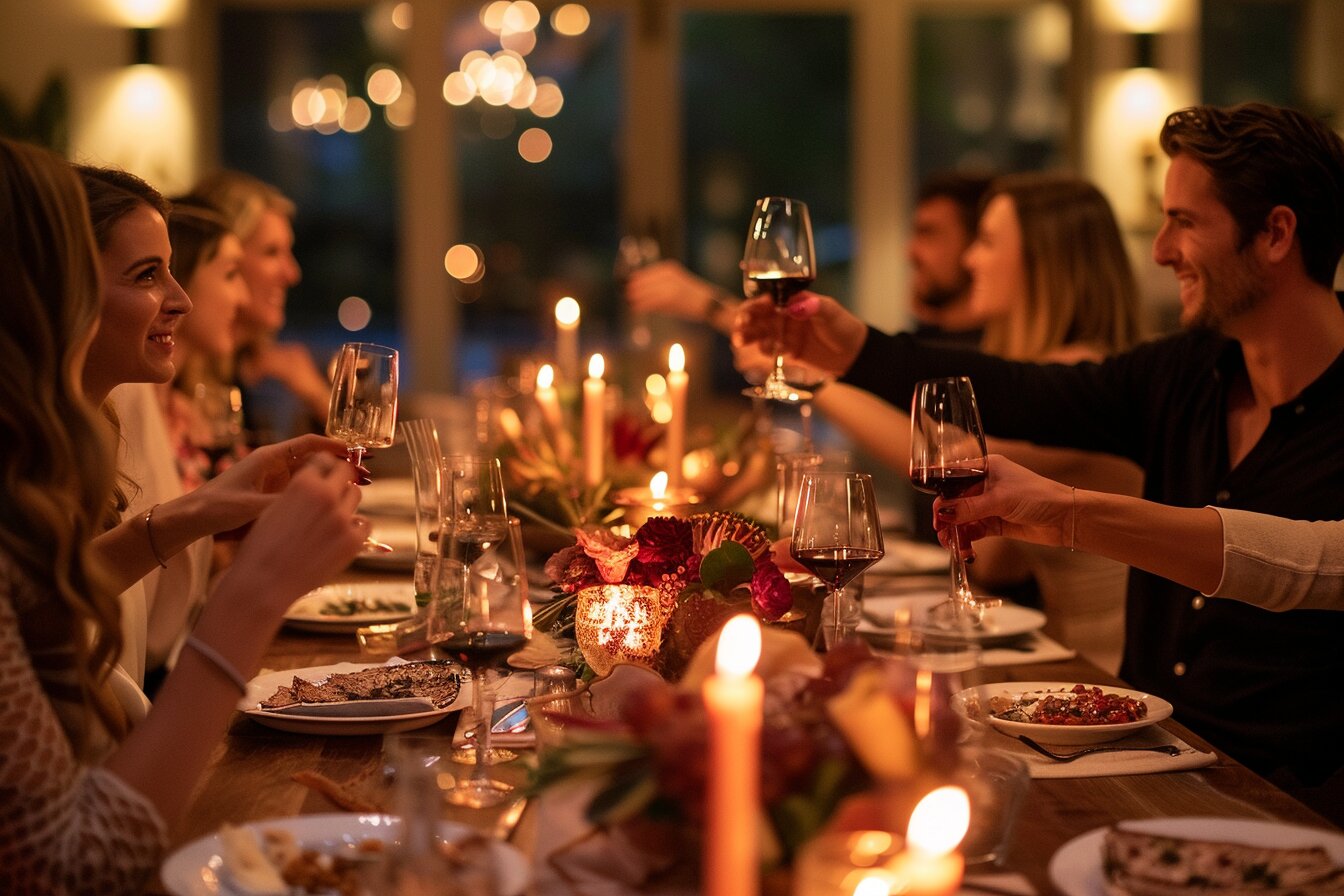 Elegant milestone birthday dinner party with friends toasting wine at a beautifully set table in Houston.