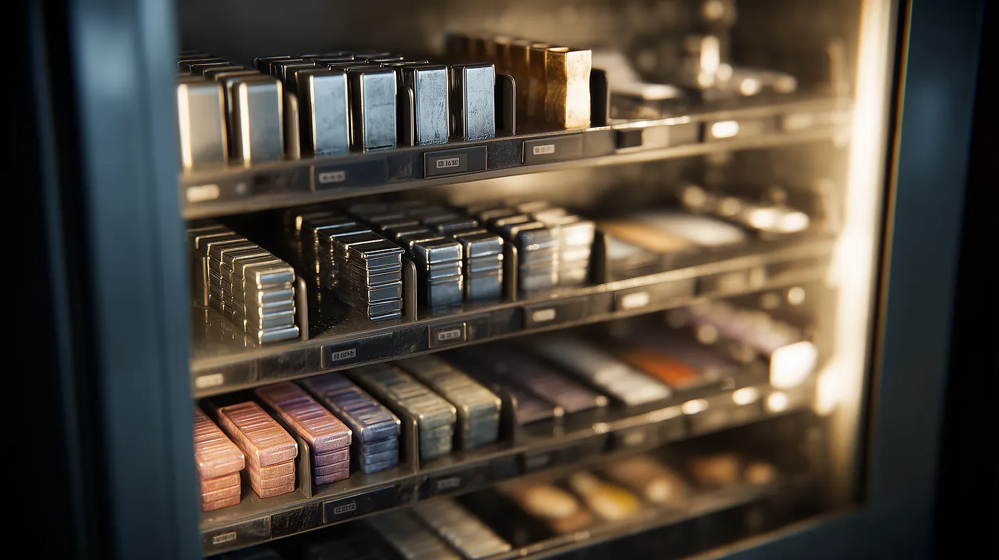 An AI-assisted rendering of a vending machine carrying tungsten cubes and other specialty metals based on Anthropic’s Claudius experiment — https://www.anthropic.com/research/project-vend-1