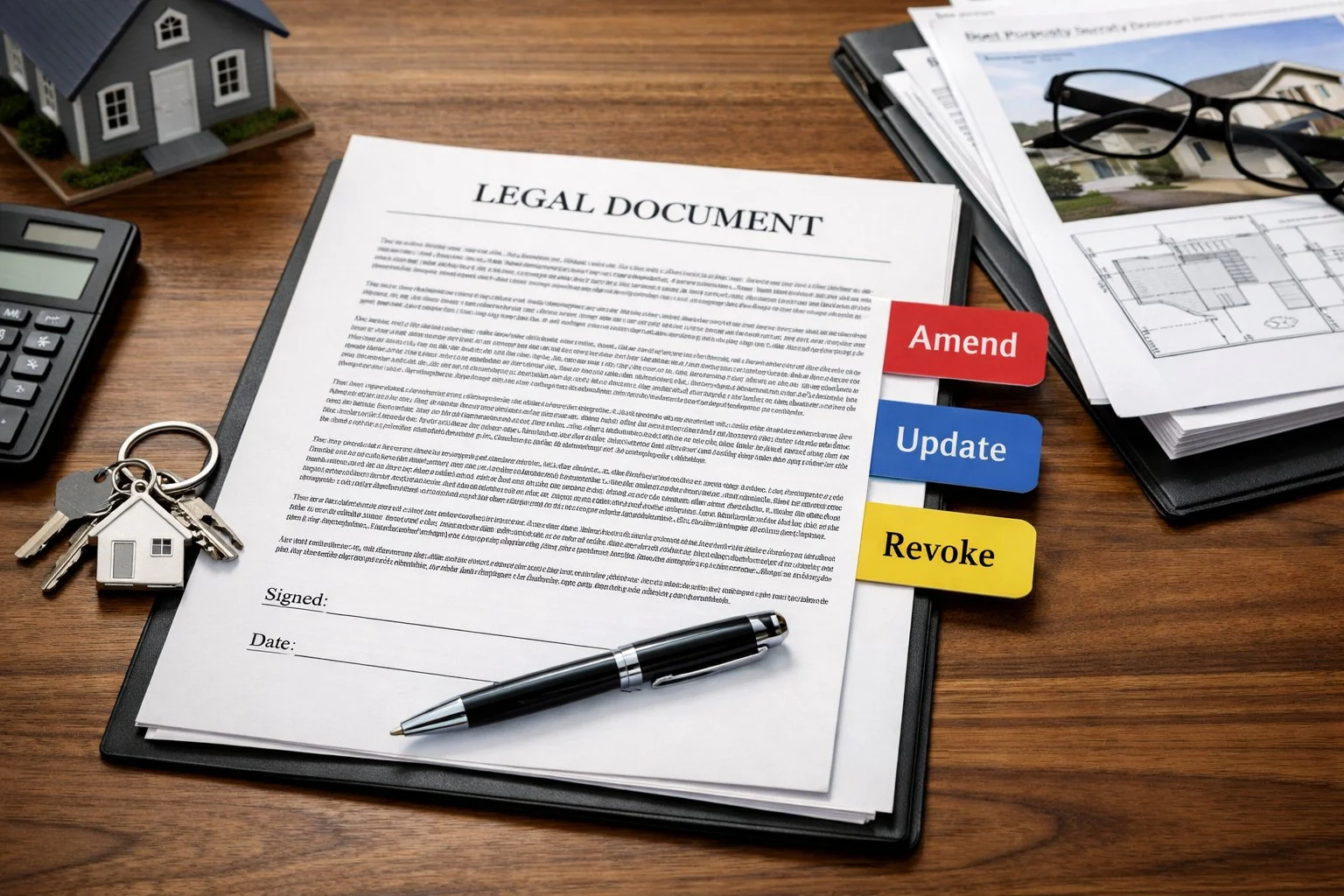 Legal document with tabs labeled amend, update, and revoke on a desk, next to house keys and property paperwork, symbolizing organized control and flexibility.