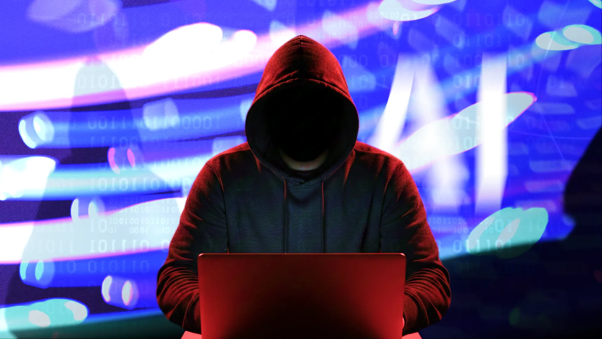 A person wearing a dark hoodie with their face obscured by shadows, working on a red-lit laptop. The background features blurred neon blue lights, scrolling binary sequences, and a prominent "AI" graphic, symbolizing hacking or artificial intelligence security.