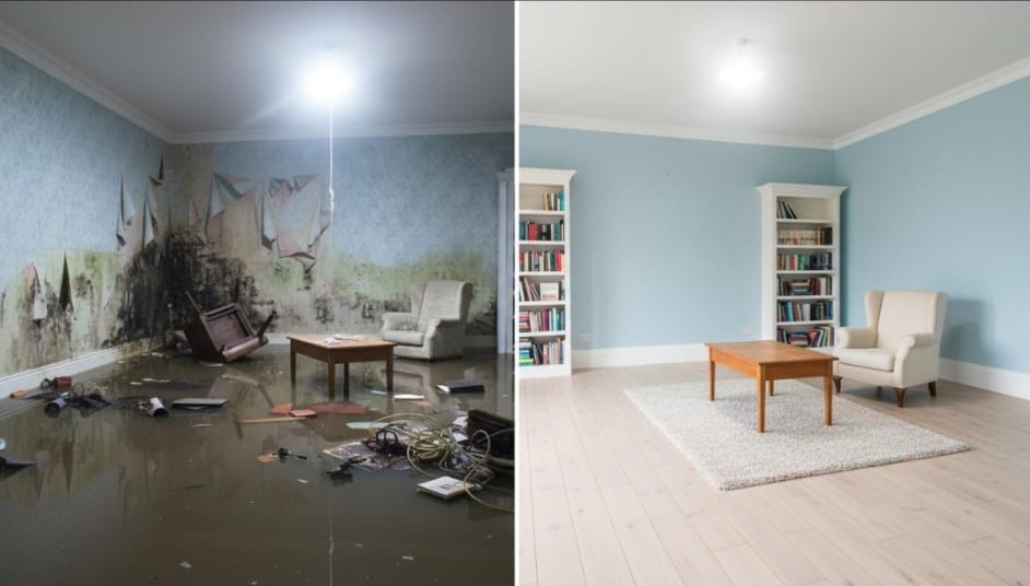Before and after flood-damaged living room